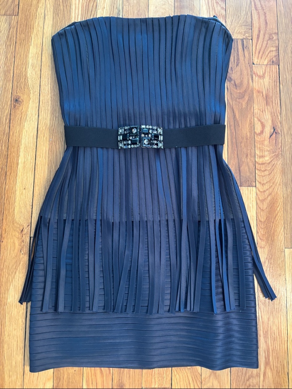 BCBGMaxAzria Navy (Eliot) Strapless Fringe Dress with Jeweled Belt